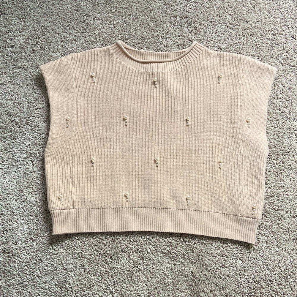 Mable • Tan Sweater Knit Crop with Pearl Embellishments
